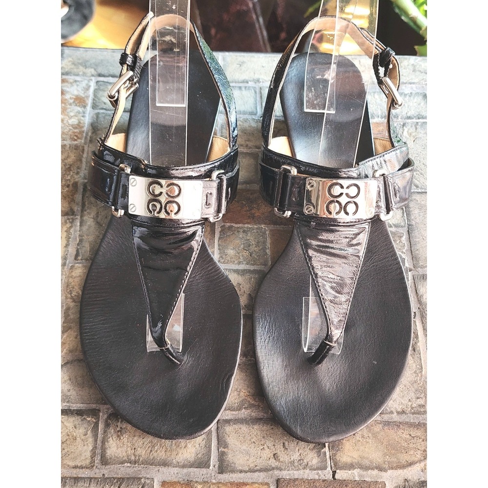 Coach Danielle Black Patent Leather Thong Wedge Sandals 8 F2080/L10